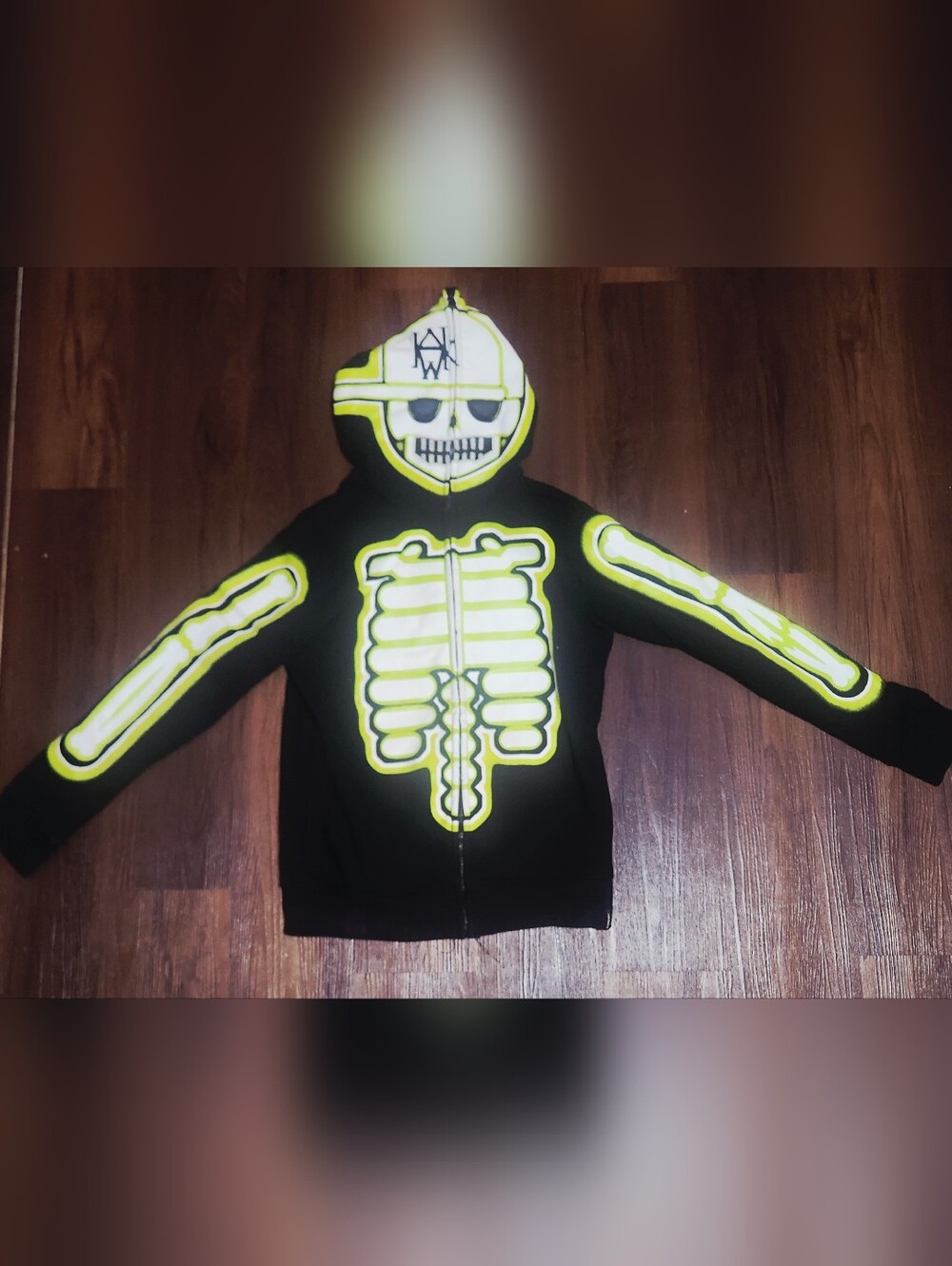 Tony Hawk Black Hoodie with Neon Yellow Skeleton Graphics